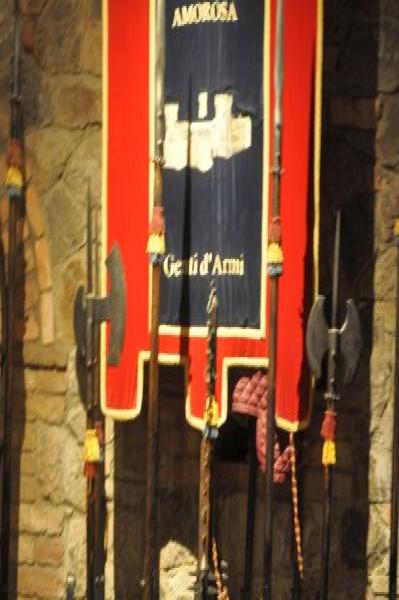 Castello Di Amorosa: щит с львом и знамя 'Genti d'Armi'